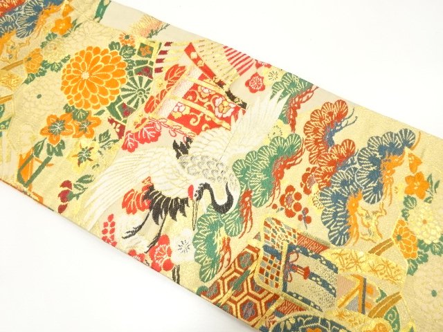 JAPANESE KIMONO / ANTIQUE FUKURO OBI / WOVEN CRANE & CARRIAGE
